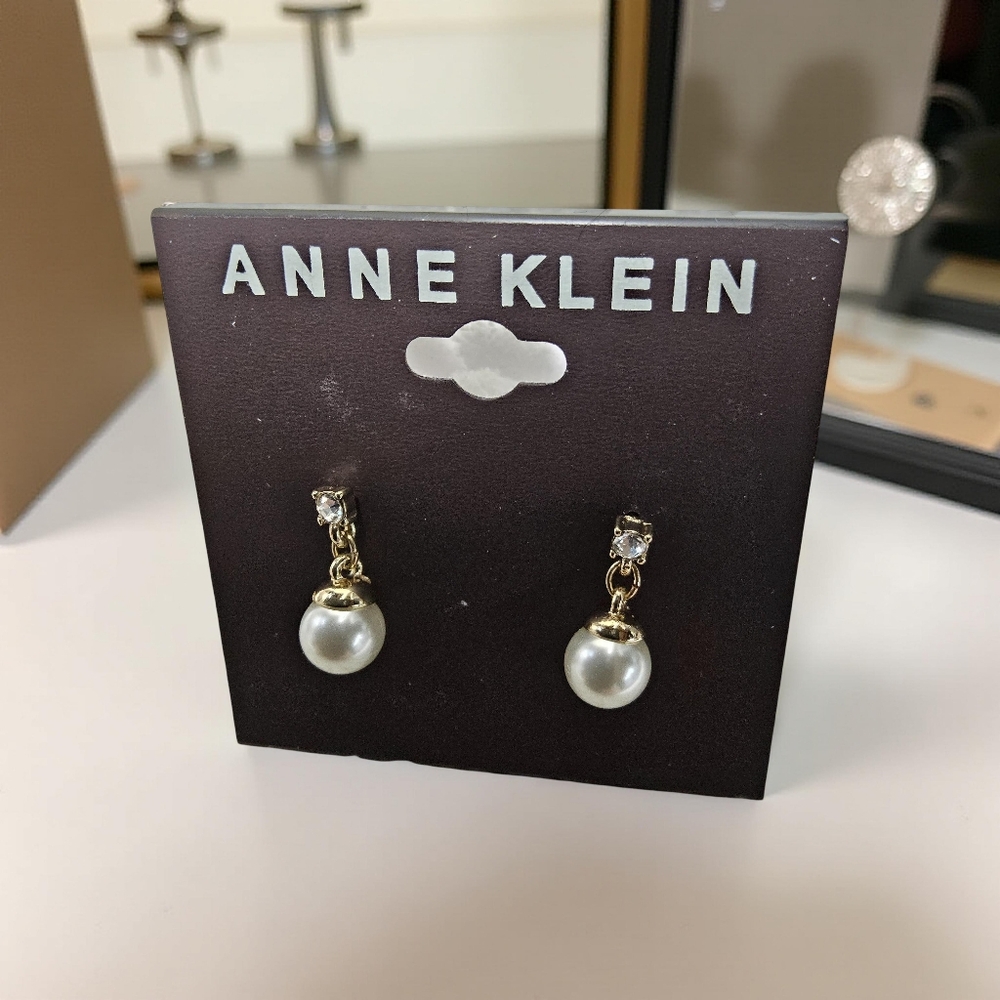 Anne Klein Gold toneand White Pearl and crystal Drop Earrings
